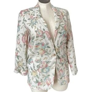 Vintage Oversized Blazer Linen Floral Beige Pockets Jessica Scott Size Medium